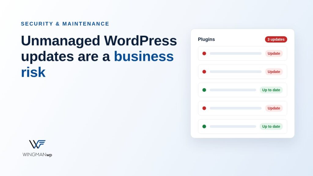 Unmanaged WordPress updates are a business risk: a plugin list with three pending updates.